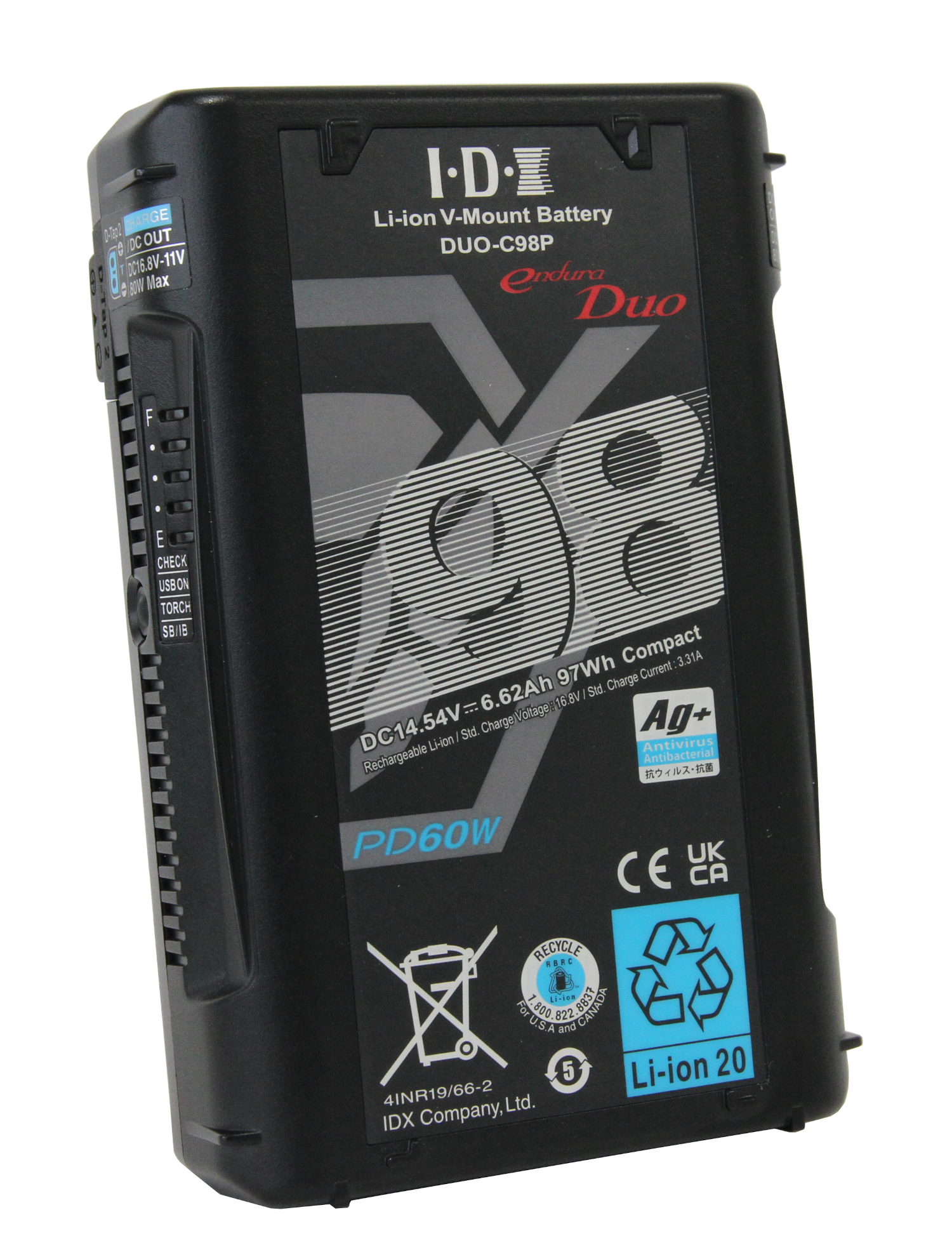 Rear view of the IDX DUO‑C98P lithium‑ion V‑mount battery showing model label, capacity markings, USB‑C Power Delivery rating, and battery certification icons.