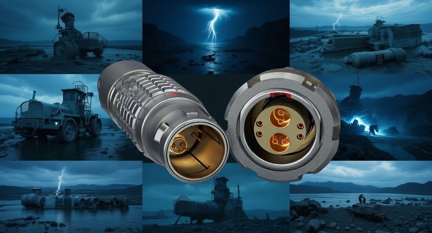 LEMO push‑pull USB connector with gold contacts, shown against industrial and outdoor environments representing harsh field conditions.