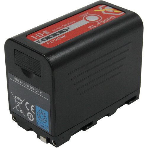 IDX SL‑F50PD lithium‑ion NP‑F type battery showing USB‑C Power Delivery marking, compact housing, and rear USB‑A output label.
