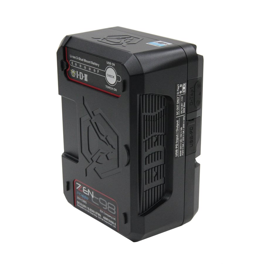 Angled view of the IDX ZEN‑C98G lithium‑ion battery showing USB‑C Power Delivery labelling, battery status indicators, and rugged housing.