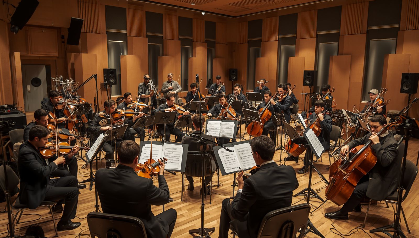 Orchestra recording in a professional studio using Sanken CS‑M2M ultra‑compact condenser microphones.