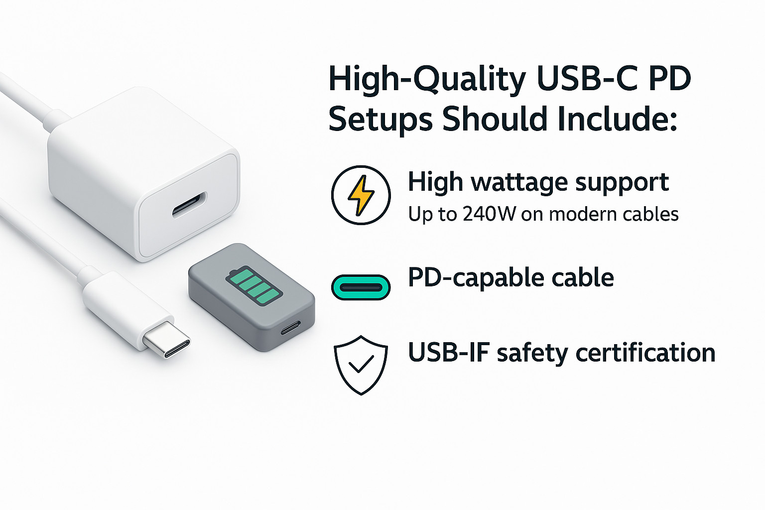 Infographic showing a USB‑C charger, PD‑capable cable, and battery with icons highlighting high wattage support, Power Delivery negotiation, and USB‑IF safety certification.