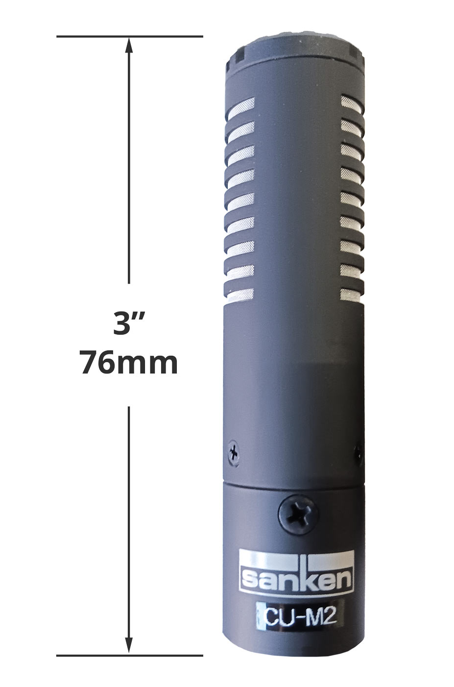 Sanken CU‑M2 miniature shotgun microphone shown vertically with labelled height of 3 inches (76 mm).