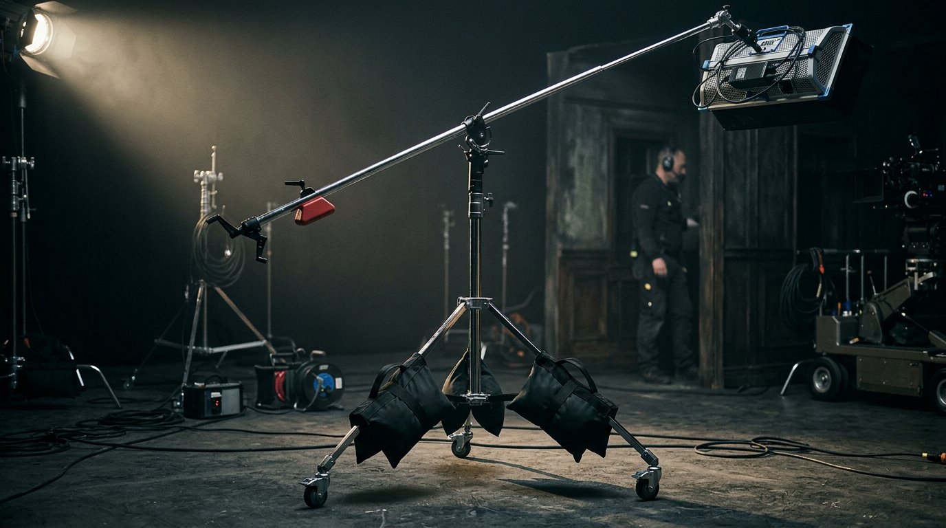 Shot bags stabilising a Lighting stand boom arm and lighting equipment on a professional film set
