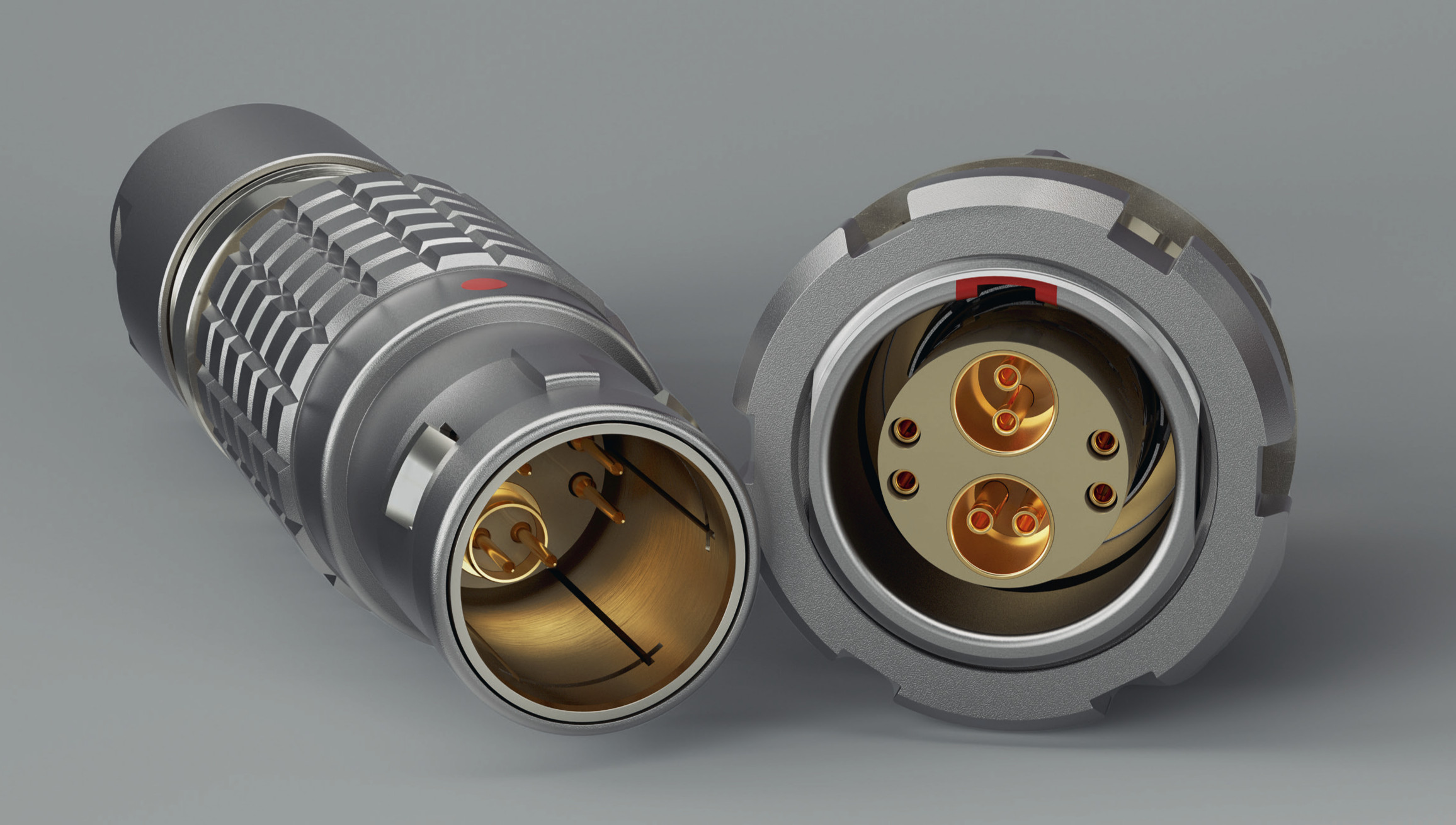 Close‑up view of LEMO push‑pull connectors showing a USB 3.1 insert with shielded SuperSpeed contact pairs, recessed signal pins, and rugged metal housing.