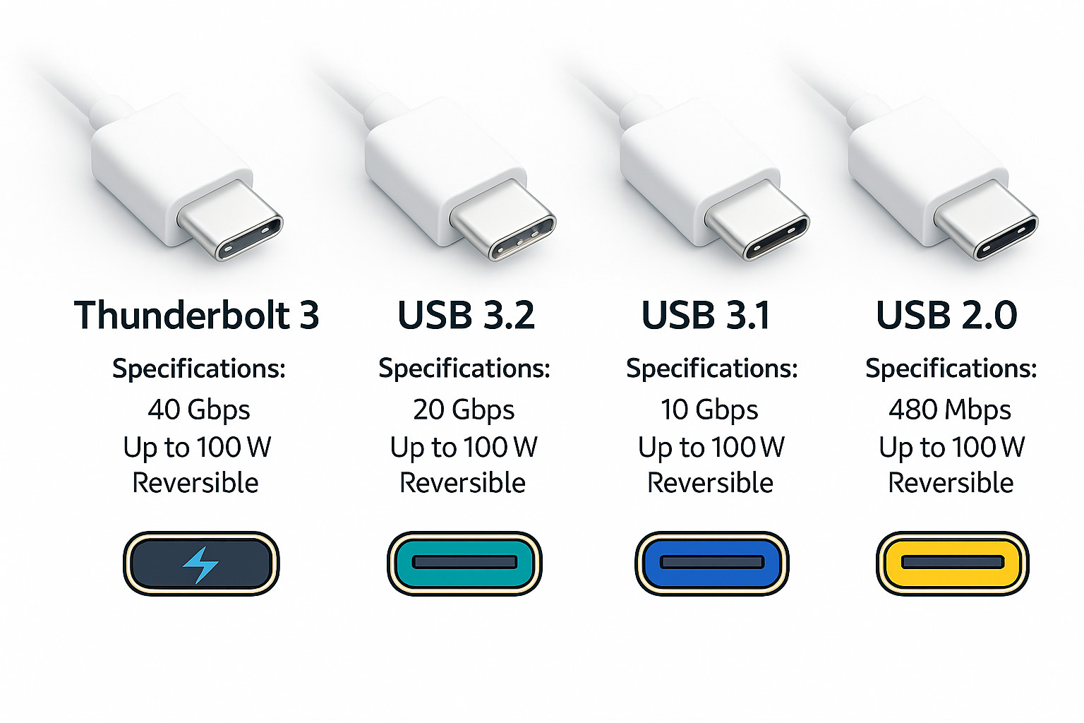 Diagram showing USB‑C connectors with different data speeds and power capabilities, including USB 2.0, USB 3.1, USB 3.2, and Thunderbolt.