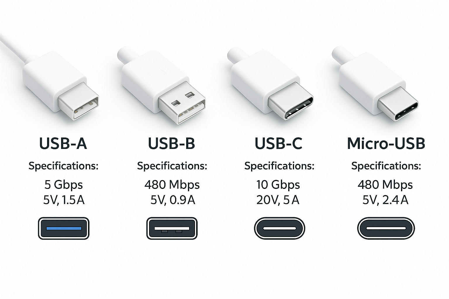 Diagram showing USB‑A, USB‑B, USB‑C, and Micro‑USB connectors with side views, front port views, and key data speed and power specifications.