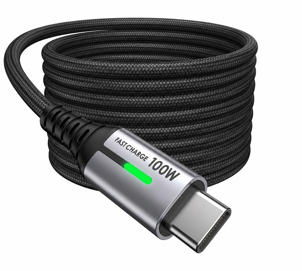 Black braided USB‑C Power Delivery cable labelled “Fast Charge 100W” with metal USB‑C connector and reinforced strain relief, shown coiled on a white background.