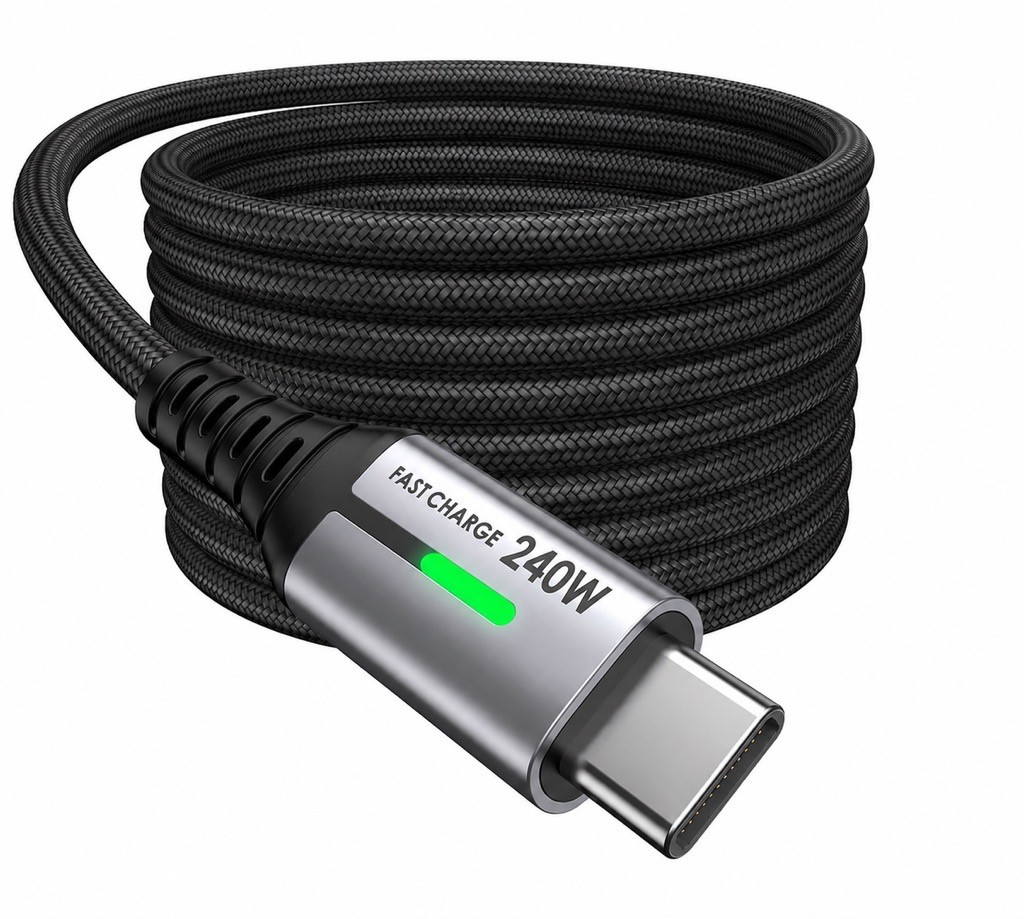 Black braided USB‑C Power Delivery cable labelled “Fast Charge 240W” with metal USB‑C connector and reinforced strain relief, shown coiled on a white background.