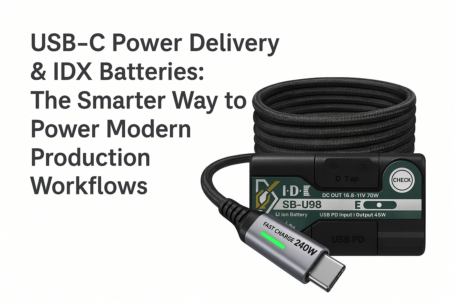 USB‑C Power Delivery header image showing an IDX USB‑C PD battery and high‑wattage USB‑C cable used in modern production workflows.