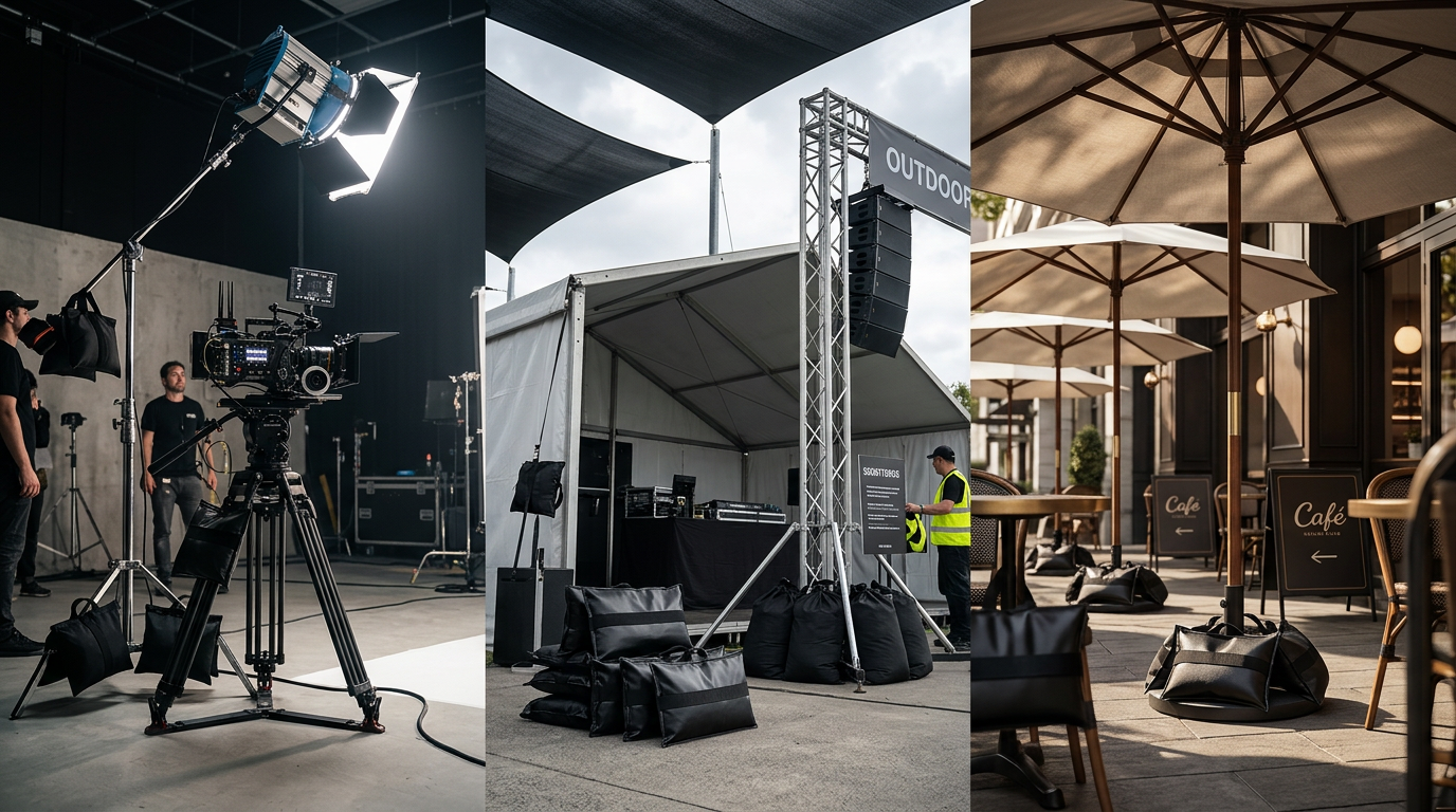 Shot bags stabilising film equipment, event structures and outdoor restaurant umbrellas