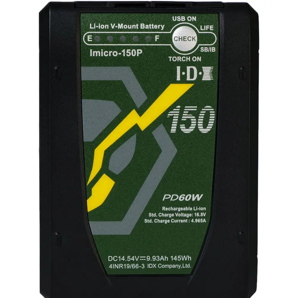 Front view of the IDX iMicro‑150P lithium‑ion V‑mount battery showing 150 Wh capacity marking, USB‑C Power Delivery rating, and battery status indicators.