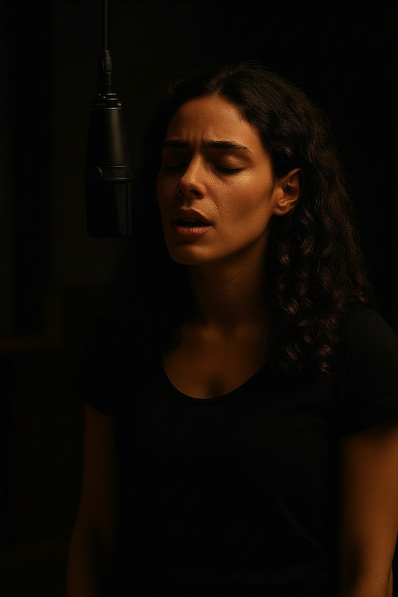 A person singing into a suspended studio microphone in a dark recording environment.